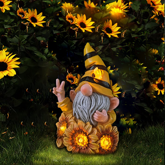 Garden Gnome Statues Summer Bee with Sunflower Funny Gnome Decoration with Solar LED Light