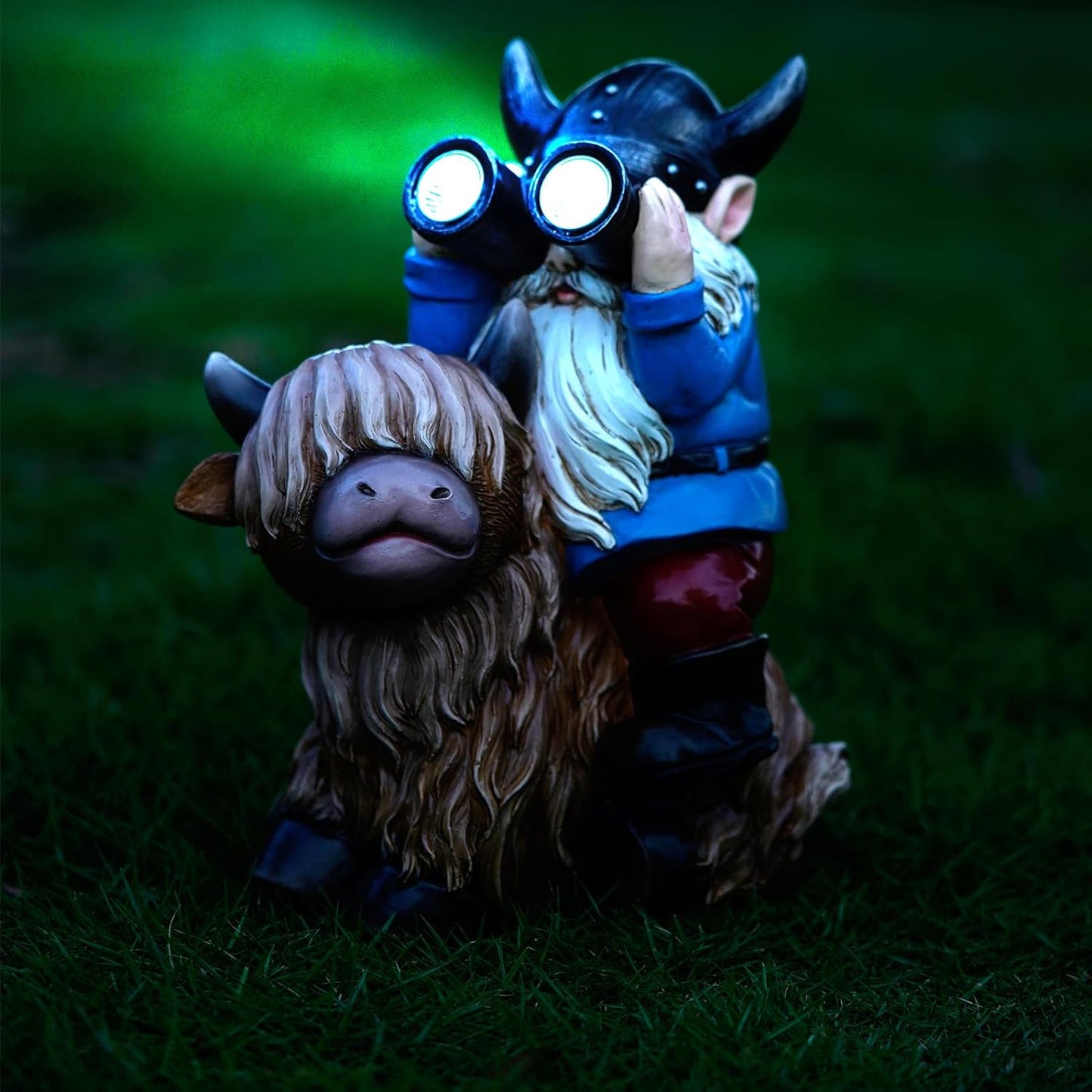 Joint Honglin Resin Garden Gnome Statues Sitting on Highland Cow with Solar LED Lights Outdoor Telescope Gnome Gifts for Yard, Patio Decor