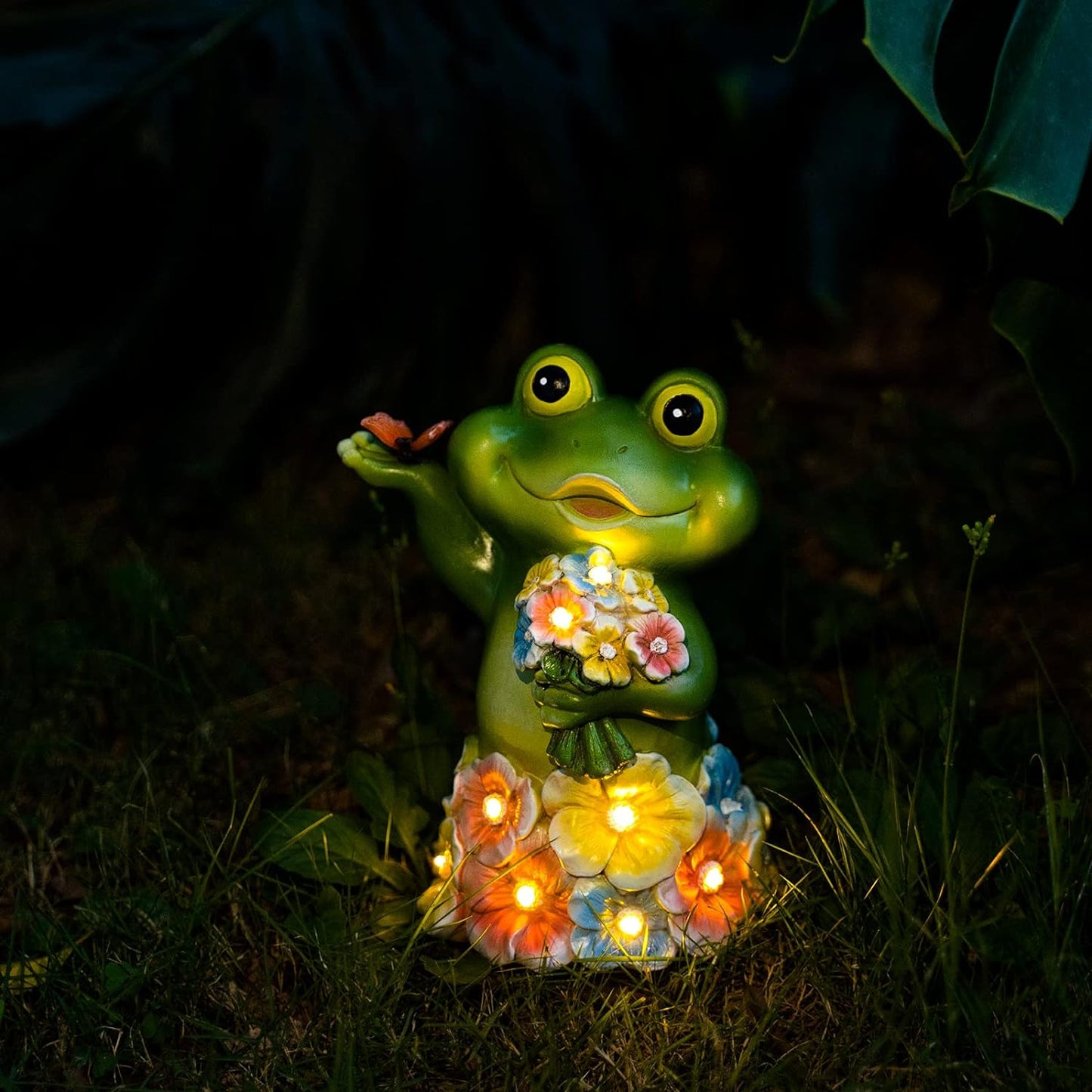 Joint Honglin Garden Animal Statues with Flowers Cute Funny Frog Outdoor Solar Light Statues and Sculptures for Yard