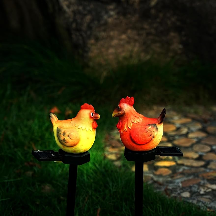 Joint Honglin Garden Solar Lights Cute Chicken Couple Pathway Stake Light Resin Rooster and Hen Decor, Outdoor Decorative Lights Waterproof for Walkway, Yard, Lawn, Patio or Courtyard