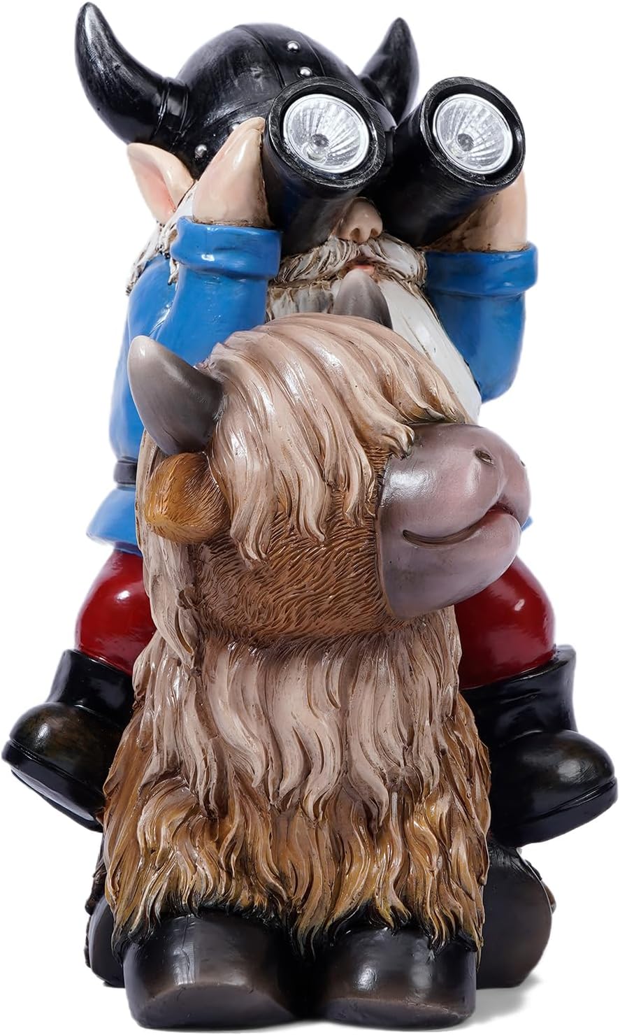 Joint Honglin Resin Garden Gnome Statues Sitting on Highland Cow with Solar LED Lights Outdoor Telescope Gnome Gifts for Yard, Patio Decor