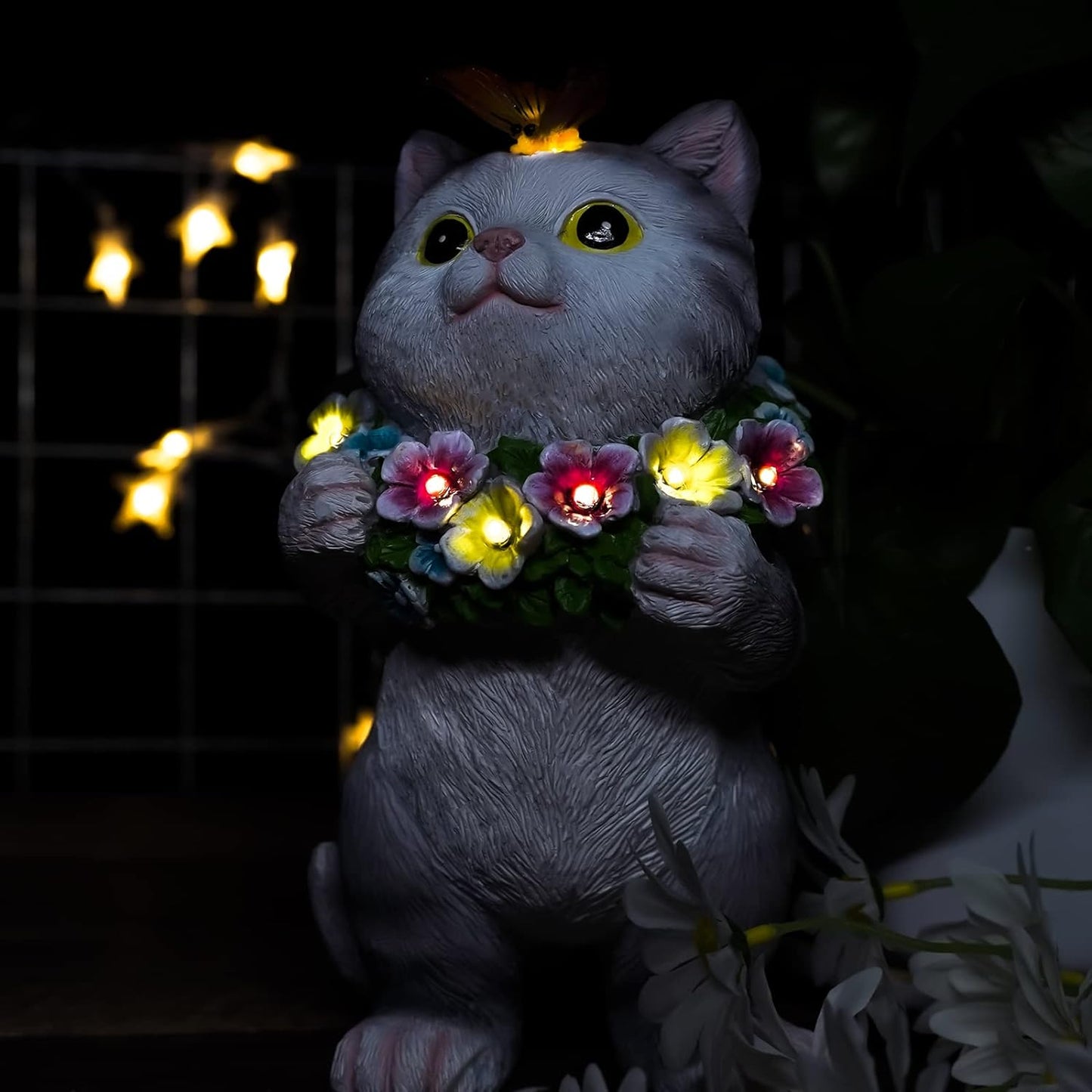 Joint Honglin Garden Animal Statues with Flowers Cute Funny Cat Outdoor Solar Light for Garden Decor