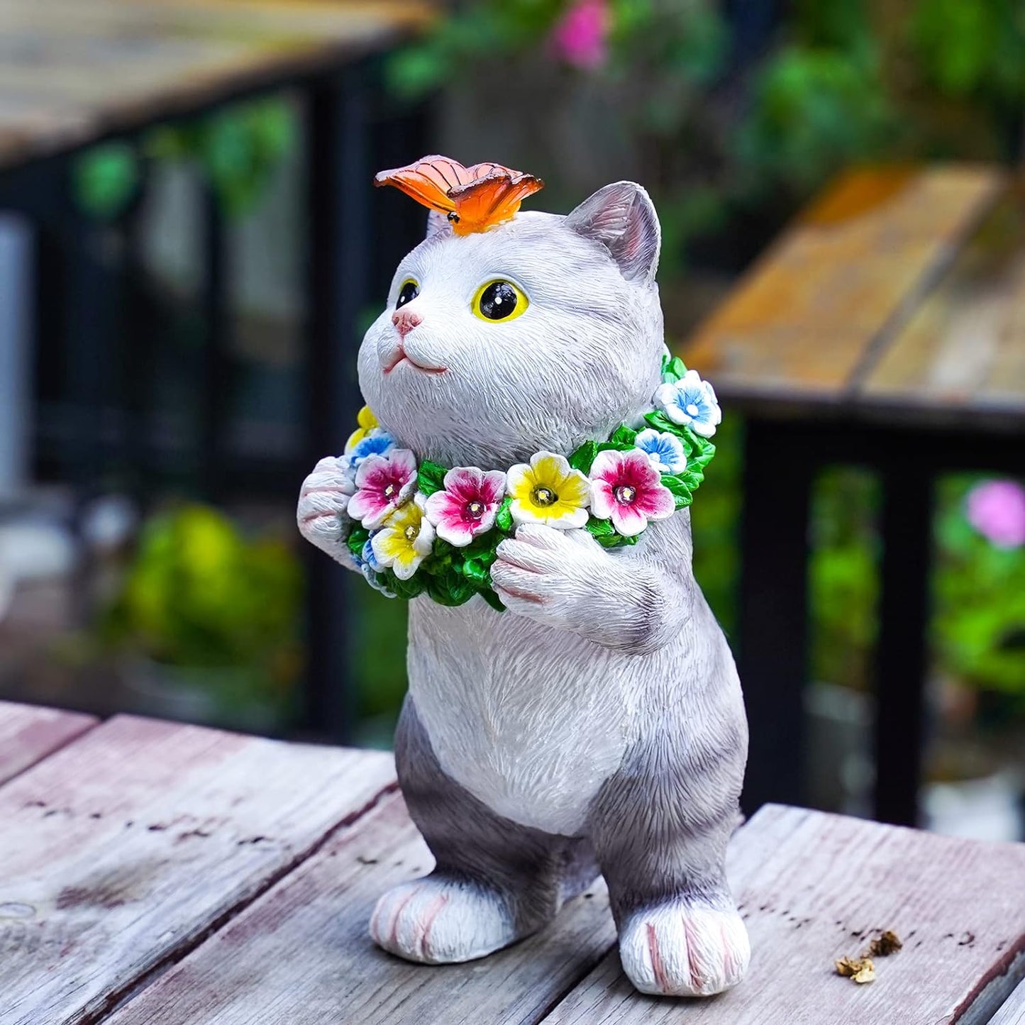 Joint Honglin Garden Animal Statues with Flowers Cute Funny Cat Outdoor Solar Light for Garden Decor