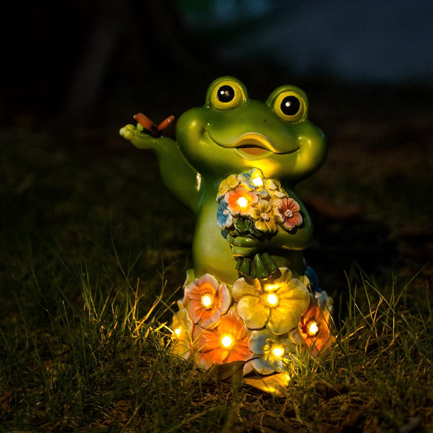 Joint Honglin Garden Animal Statues with Flowers Cute Funny Frog Outdoor Solar Light Statues and Sculptures for Yard