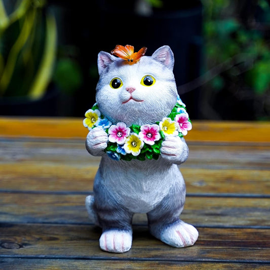 Joint Honglin Garden Animal Statues with Flowers Cute Funny Cat Outdoor Solar Light for Garden Decor